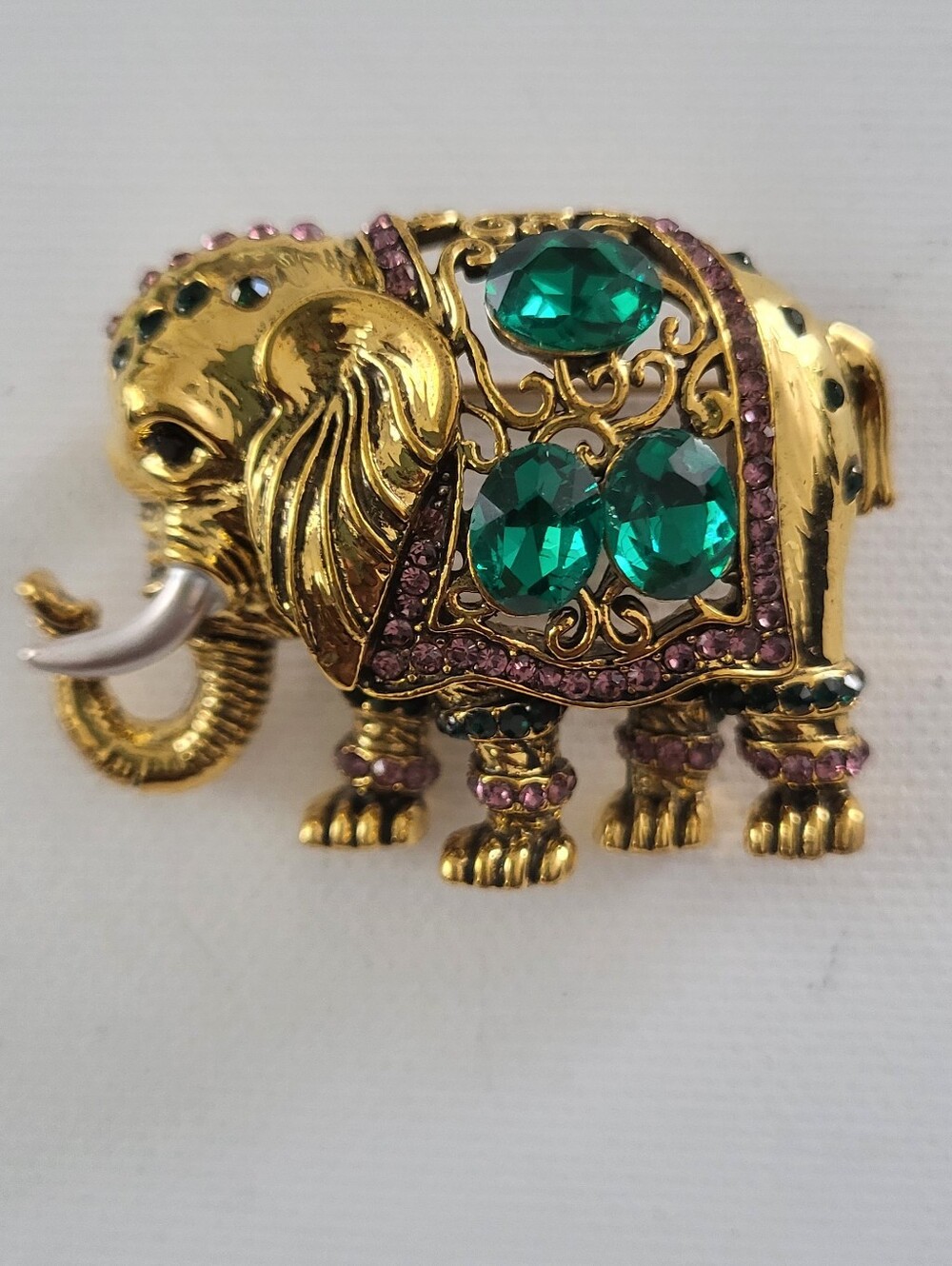 Goldtone Elephant Brooch with Green and Purple Accents